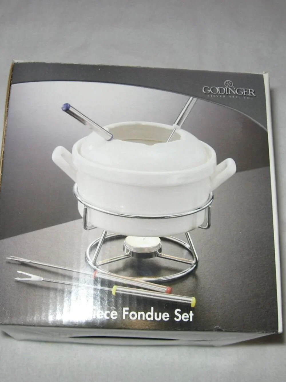 Godinger 6pc Fondue Set Porcelain Pot 4 Forks NIB